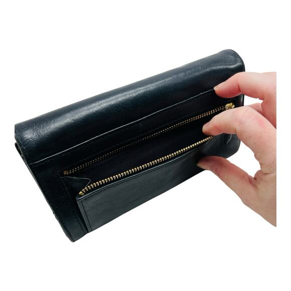 Y2K Fossil Issue 1954 Black Pebble Leather Womens Wallet Gold Snaps 7” Cow Hide - Picture 7 of 16